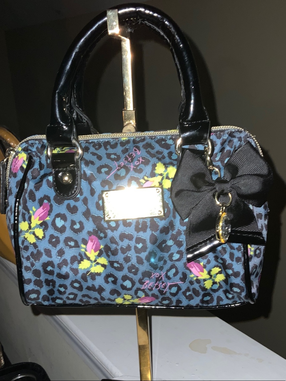 Betsey Johnson Blue Leopard Floral Satchel with Black Bow